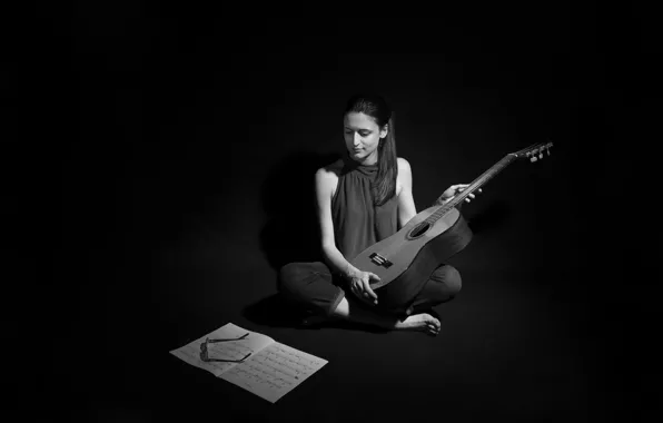 Картинка девушка, ноты, музыка, гитара