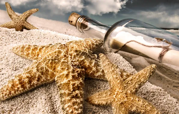 Картинка песок, пляж, бутылка, звёзды, записка