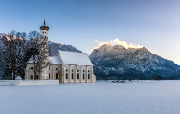 Картинка зима, снег, горы, Германия, Бавария, Альпы, церковь, Germany