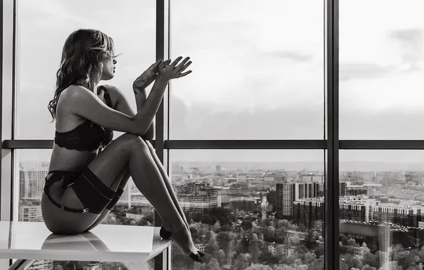 Lingerie, monochrome, women, window, Kira Kinko, Sergey Marinov
