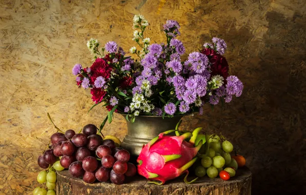 Картинка цветы, яблоки, букет, виноград, фрукты, натюрморт, груши, flowers