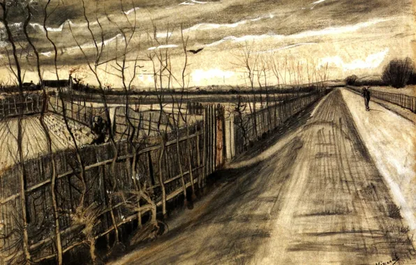 Картинка дорога, улица, человек, Vincent van Gogh, идущий, Country Road, участки