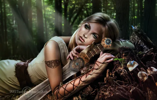 Картинка лес, взгляд, девушка, деревья, оружие, фантастика, волосы, меч