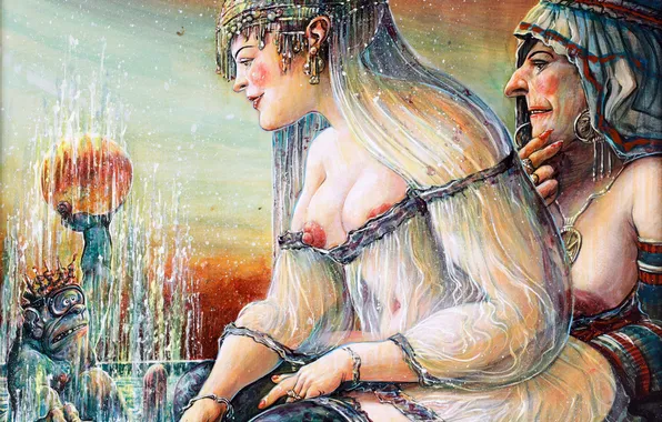 Девушки, Картина, Австрийский живописец, Фриц Айгнер, Fritz Aigner, Король-лягушка