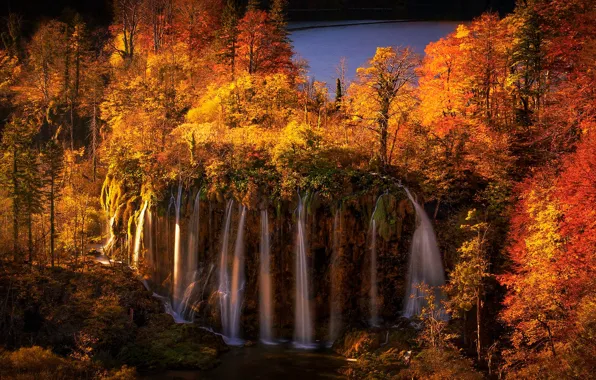 Картинка осень, лес, деревья, озеро, водопад, каскад, Хорватия, Croatia