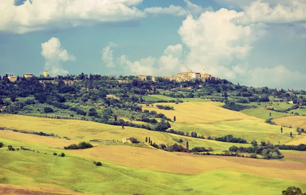 Картинка небо, облака, долина, деревня, Италия, Тоскана