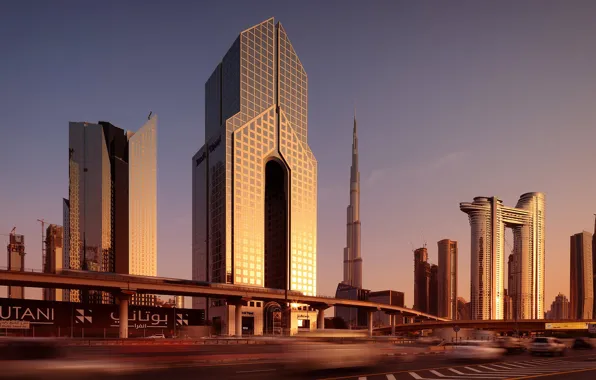Картинка дорога, здания, дома, Дубай, Dubai, небоскрёбы, ОАЭ, UAE