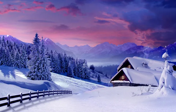 Картинка зима, снег, деревья, горы, дом, забор