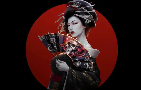Картинка skull, girl, fantasy, Asian, artwork, black background, fantasy art, dark hair