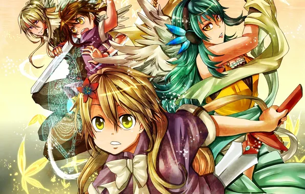 Картинка оружие, девушки, магия, крылья, круг, меч, аниме, арт
