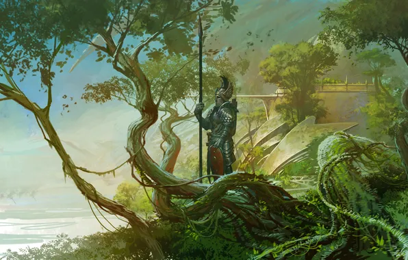 Картинка деревья, природа, река, оружие, арт, рыцарь, страж, копьё