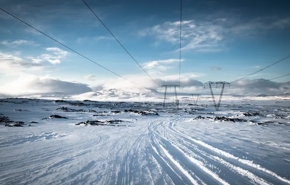 Картинка зима, снег, лэп, Iceland
