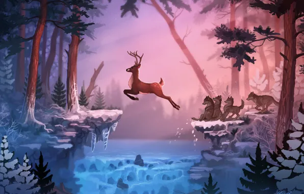Картинка зима, лес, природа, олень, волки, by Yakovlev-vad