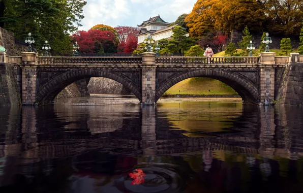 Картинка осень, деревья, пейзаж, мост, река, женщина, японка, здание