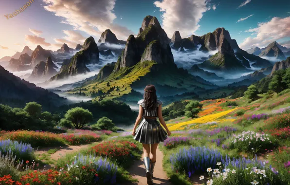 Girls, nature, flowers, mountains, people, drawings, neural network