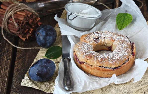 Пирог, корица, сливы, выпечка
