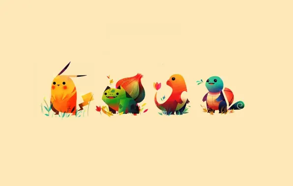 Рисунок, минимализм, Покемон, Pokemon, Pikachu, Пикачу, Charmander, Squirtle