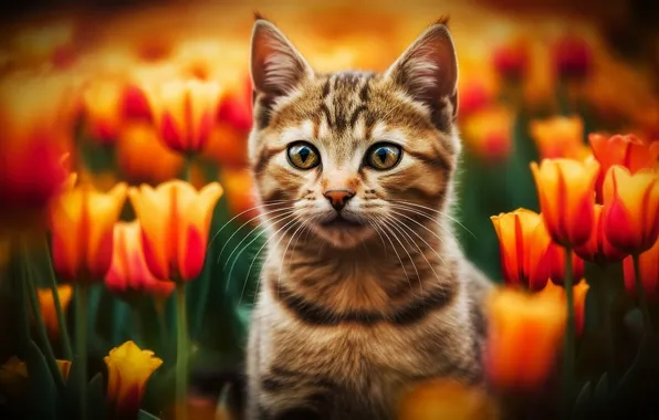 Кошка, взгляд, рендеринг, котенок, графика, портрет, весна, арт