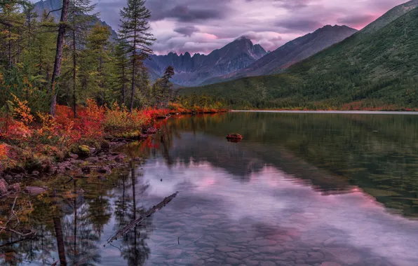 Картинка осень, небо, деревья, пейзаж, горы, тучи, природа, отражение