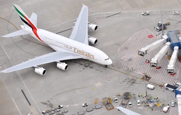 Картинка Самолет, Люди, Аэропорт, Вид сверху, A380, Пассажирский, Airbus, Авиалайнер