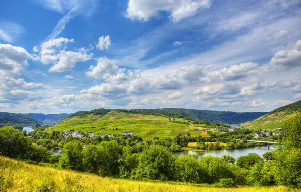 Лето, небо, облака, река, холмы, поля, Германия, Germany