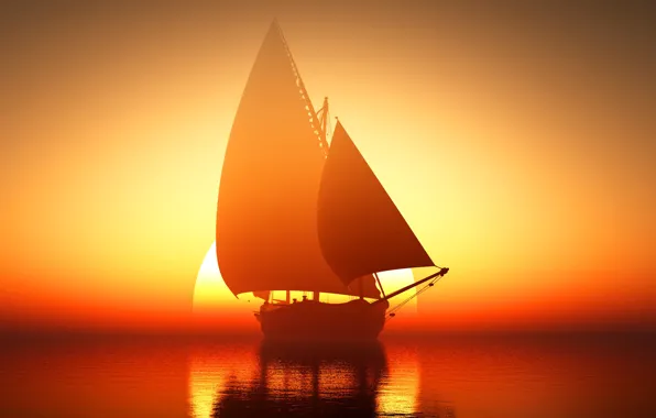 Море, солнце, восход, корабль, парусник, горизонт, зарево
