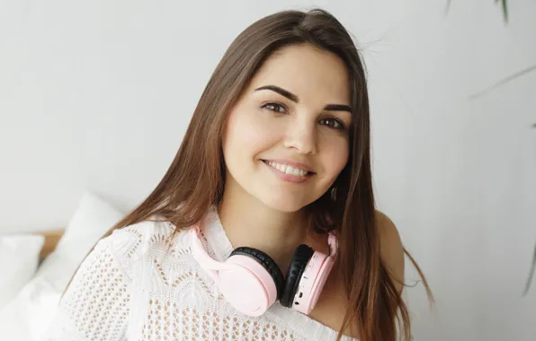 Music, white, sexy, blouse, smile, headphones, look, plant