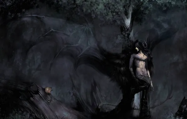 Картинка лес, кот, тьма, рисунок, крылья, демон, рога, парень