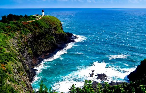 Картинка волны, камни, скалы, маяк, Море, Гавайи, панорама, sea