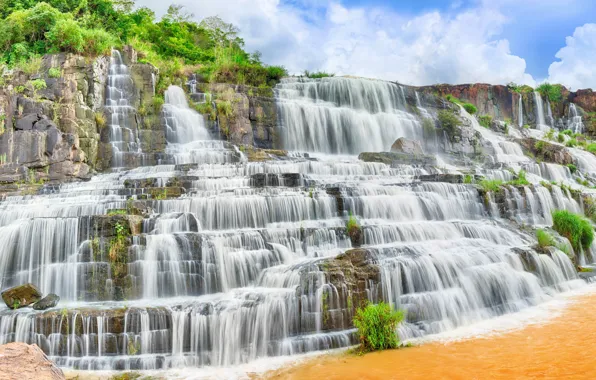 Картинка зелень, небо, трава, солнце, облака, камни, скалы, водопад