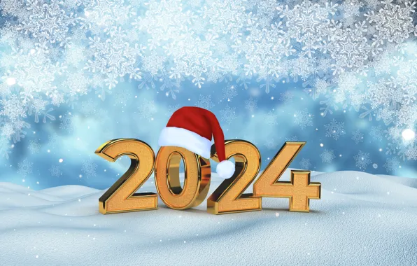 Картинка зима, снег, снежинки, золото, Новый Год, цифры, golden, new year