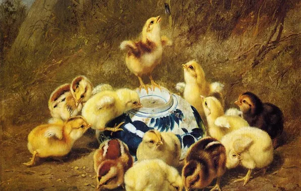 Цыплята, картина, утро, ARTHUR FITZWILLIAM TAIT
