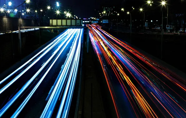 Картинка дорога, свет, машины, ночь, огни, улица, фонари