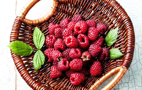 Картинка ягоды, малина, корзина, листочки, berries, raspberry