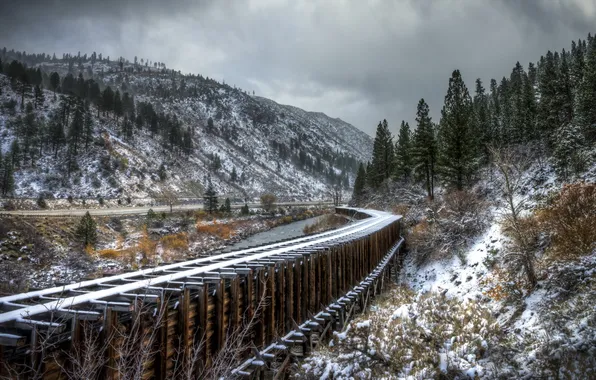 Картинка снег, пейзаж, горы, железная дорога