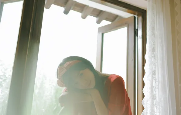 Beautiful, Asian, Model, Glass, Woman, Pretty, Window, Red Dress