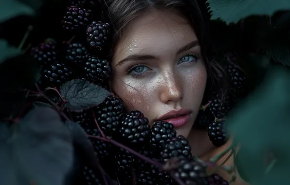 Взгляд, листья, девушка, капли, ветки, лицо, поза, ягоды