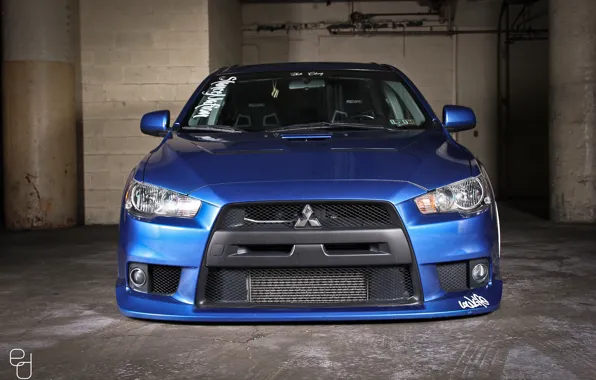 Перед, mitsubishi, синяя, blue, lancer, evolution, evo, лансер