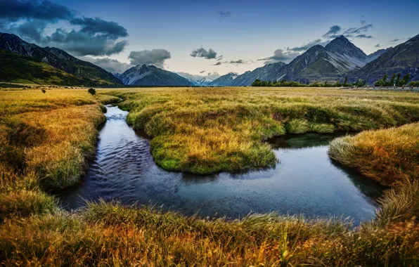 Картинка горы, Новая Зеландия, речка, New Zealand, луга