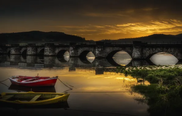 Картинка ночь, мост, река, лодки
