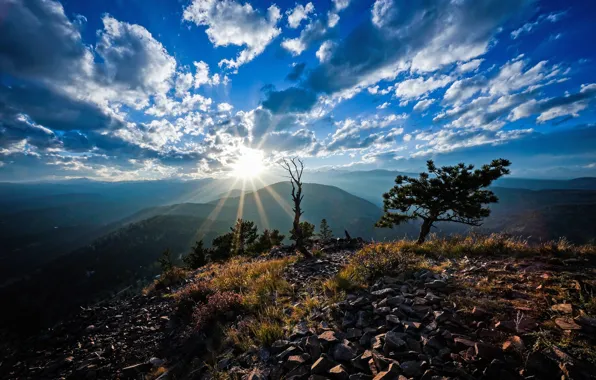 Картинка небо, солнце, облака, горы, Колорадо, США, Colorado, Rocky Mountains
