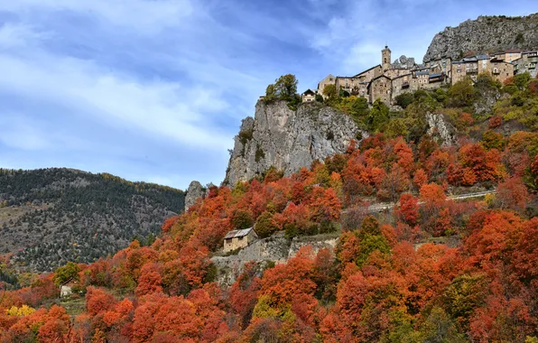 Осень, лес, горы, синева, замок, скалы, высота