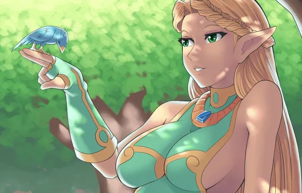 Лес, грудь, девушка, птица, блондинка, эльфийка, blonde, elf