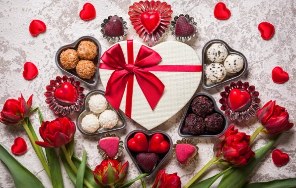 Цветы, конфеты, сердечки, тюльпаны, День Святого Валентина