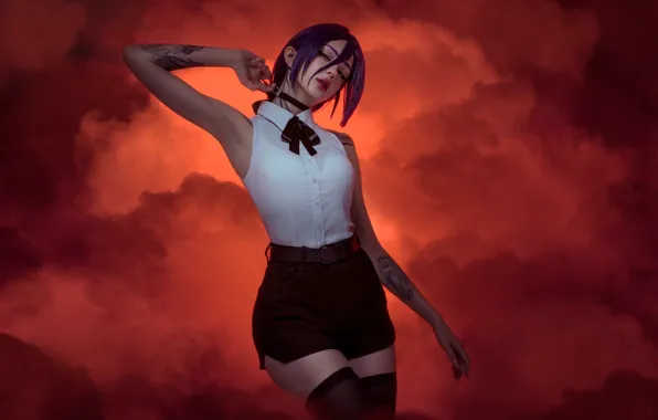 Взгляд, девушка, лицо, фон, шорты, тату, red, girl