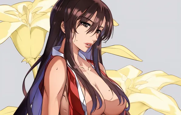 Girl, sexy, cleavage, long hair, brown hair, boobs, anime, beautiful