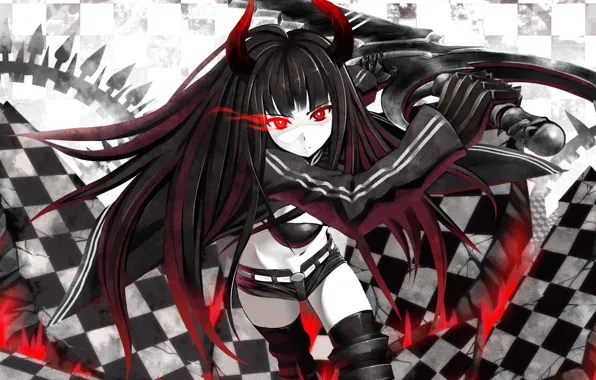 Девушка, меч, арт, рога, black rock shooter, светящийся глаз