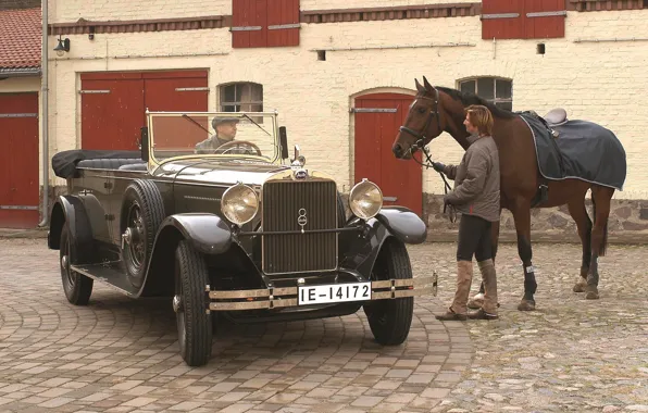 Картинка ретро, фон, Audi, лошадь, Ауди, мужчины, передок, 1929