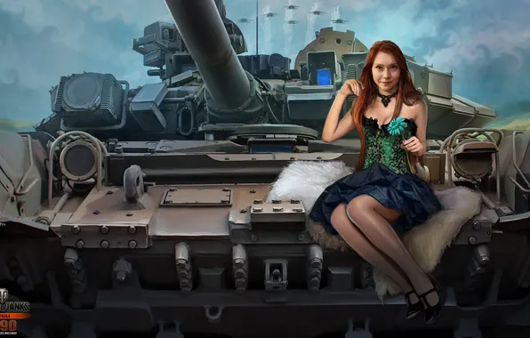 Картинка девушка, танк, girl, ножки, танки, самолёты, WoT, Мир танков
