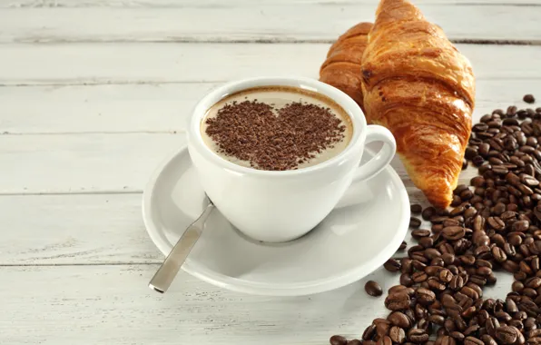 Кофе, завтрак, love, heart, cup, beans, coffee, croissant